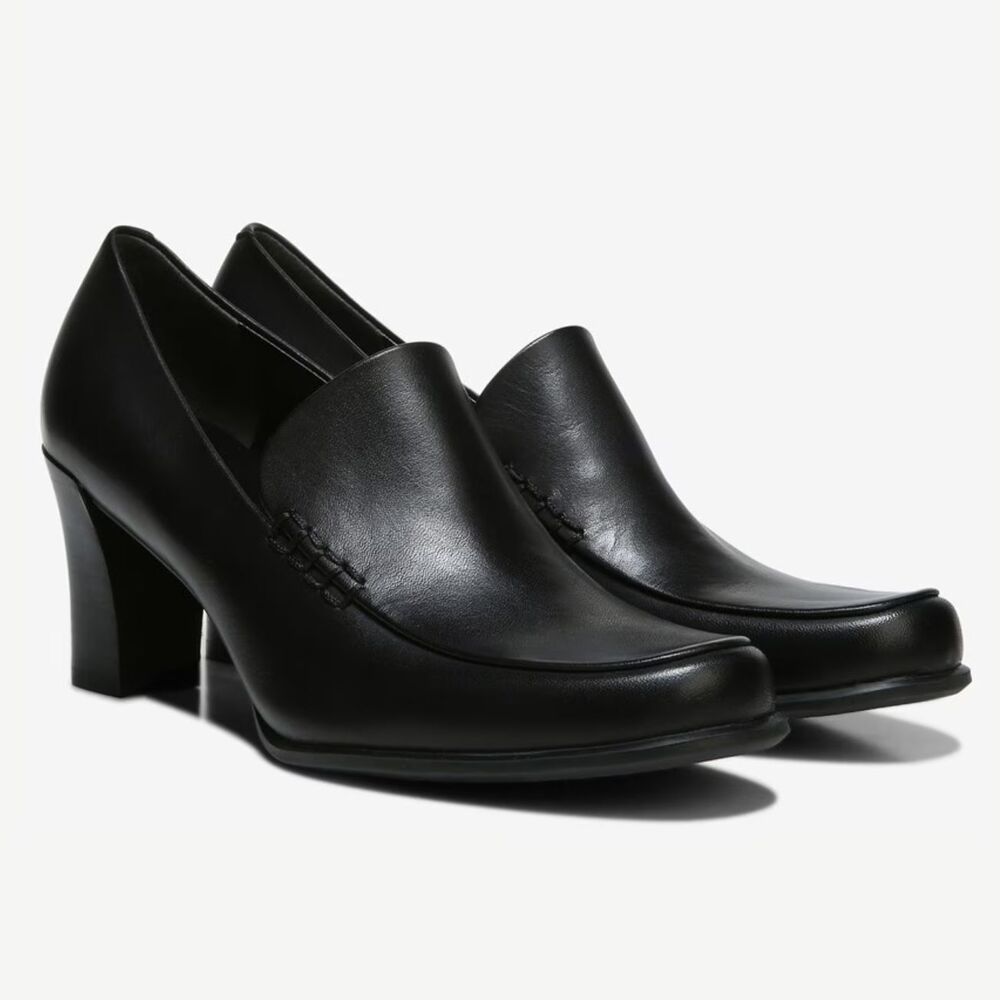 Franco Sarto Leather Nolan Pump 9.5M Black Loafer Heel Slip On Timeless Minimal